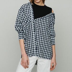 Maje Navy and White Checkered One-Shoulder Top w/ Black Tank Detail (size 1)